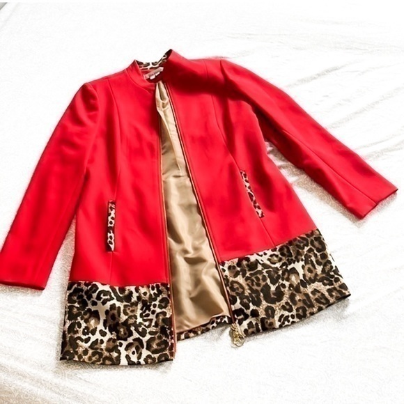 Kelly Diane Women’s Red Coat with Cheetah Print - Picture 1 of 5